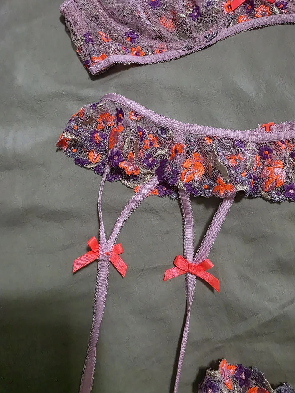 For Love & Lemons Lavender Floral Embroidered Lingerie Set with Neon Accents